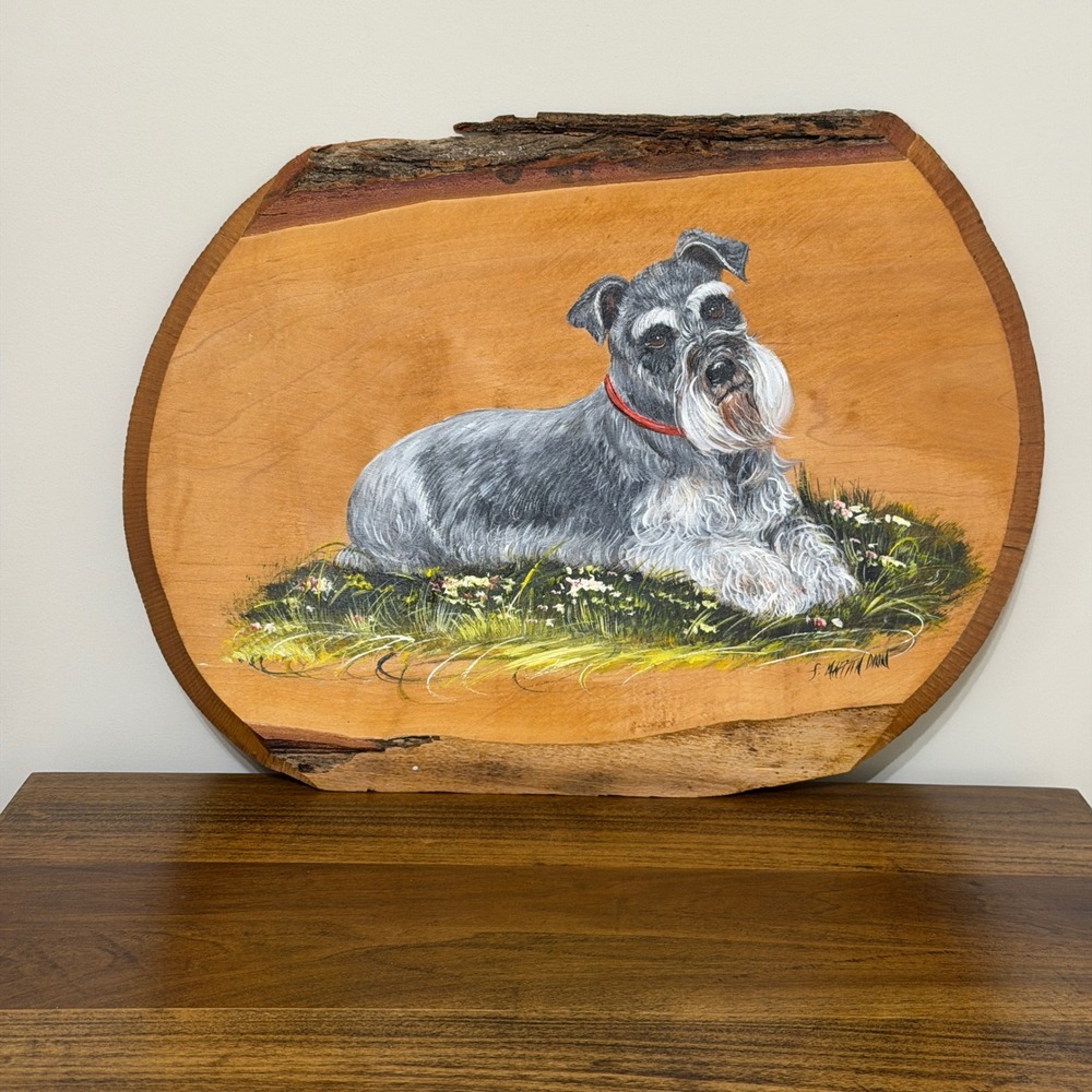Fran Martin Dixon Original Schnauzer Dog Painting Hand Painted Live Edge Wood